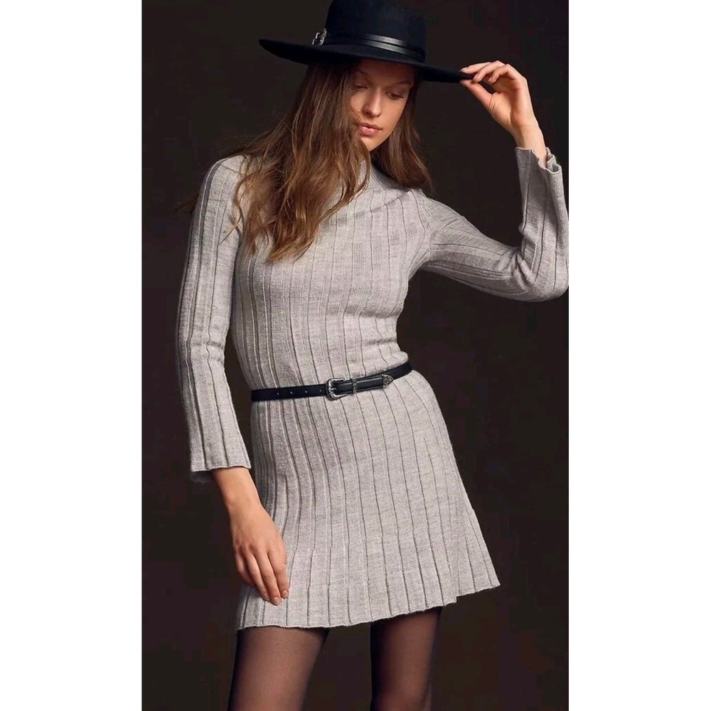 Anthropologie Ribbed Mock Neck Sweater Dress Gray Petite‎ MP NEW